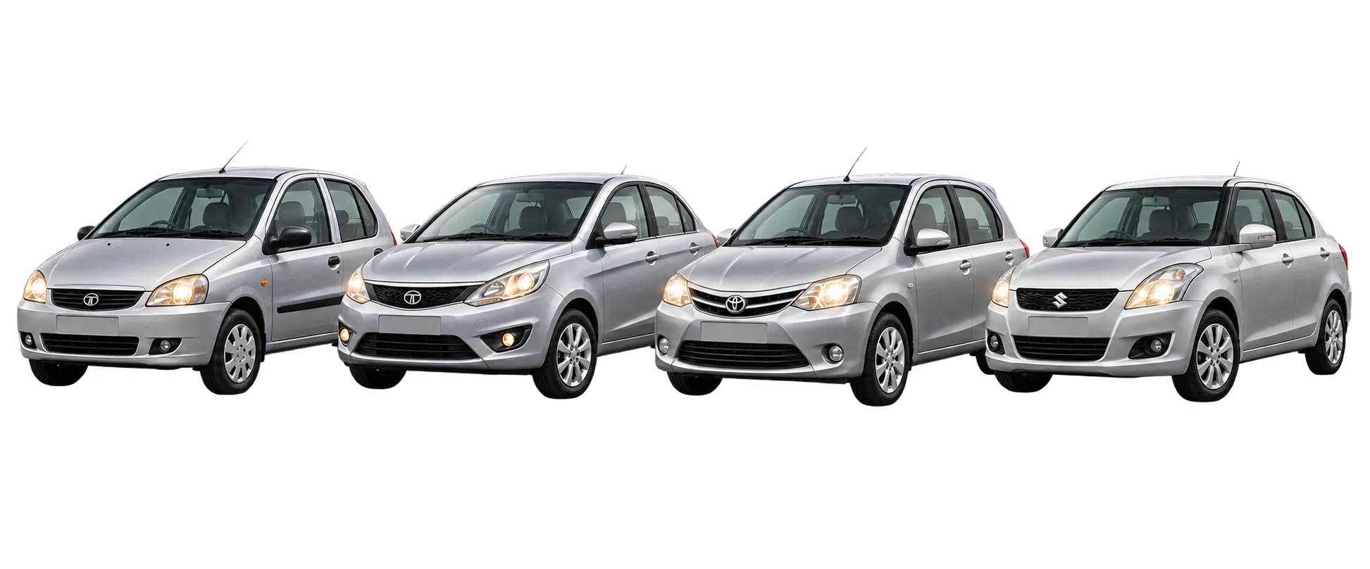Silver Indica, Zest, Etios Liva and Swift Dzire standing side by side