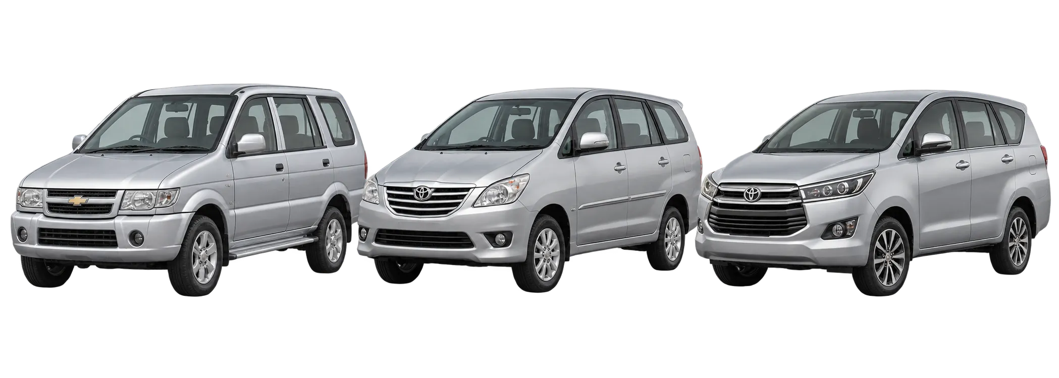 Silver Chevrolet Tavera, Toyota Innova and Innova Crysta standing side by side